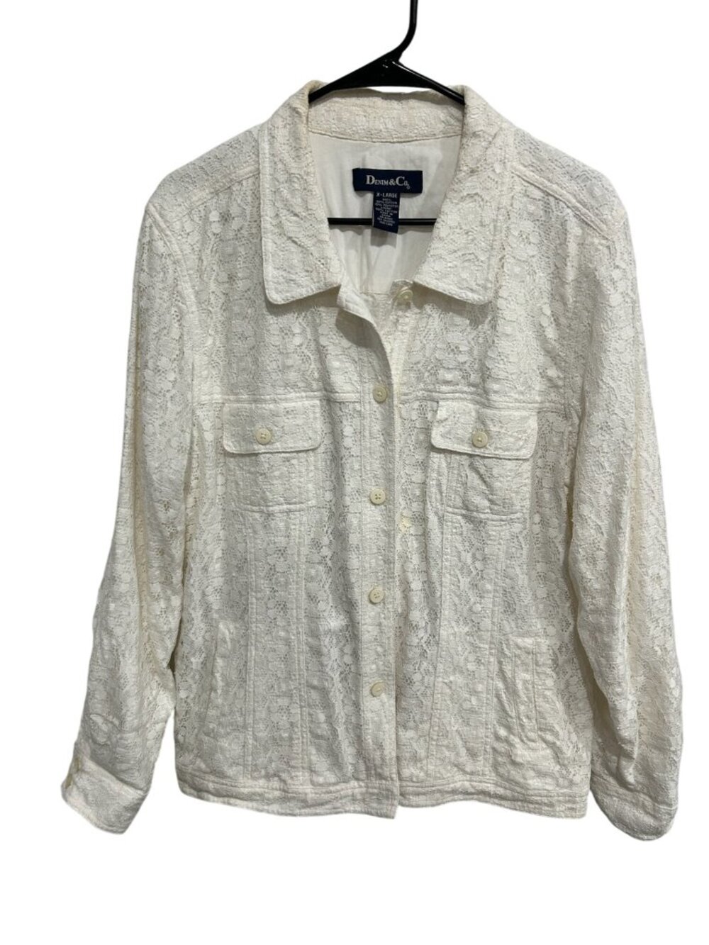 Denim & Co. Floral Lace Long Sleeve Button Front Jacket Ivory Sz XL Career Boho